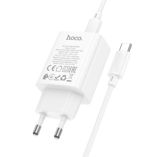 Адаптер мережевий HOCO Type-C to Type-C Benefit single port charger set C143A |1Type-C, 3A/20W, PD/QC| white