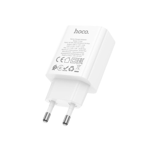 Адаптер мережевий HOCO Benefit single port charger C143A |1Type-C, 3A/20W, PD/QC| white