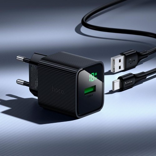 Адаптер мережевий HOCO C to C cable Excellent single port charger with digital display set CS81A |1USB, QC, 18W/3A| black