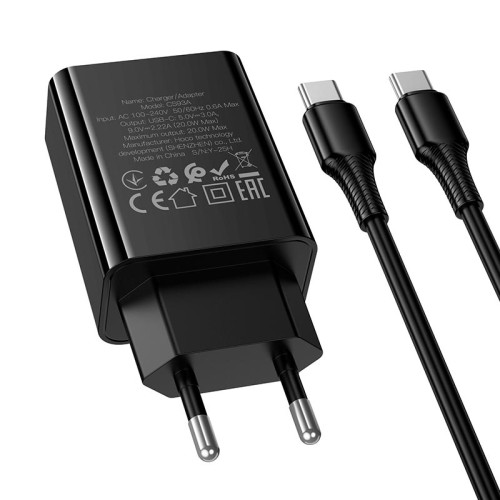 Адаптер мережевий HOCO C to C cable Leader single port charger set CS93A |1Type-C, 20W/3A, PD| black