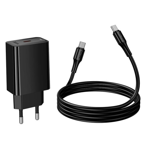 Адаптер мережевий HOCO C to C cable Leader single port charger set CS93A |1Type-C, 20W/3A, PD| black