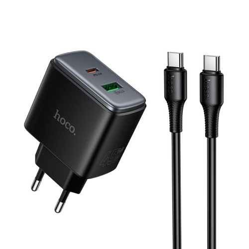 Адаптер мережевий HOCO C to C cable Upgrade charger set C158A |1USB/1Type-C, 45W/3A, PD/QC| black