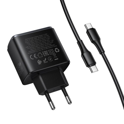 Адаптер мережевий HOCO C to C cable Upgrade charger set C158A |1USB/1Type-C, 45W/3A, PD/QC| black