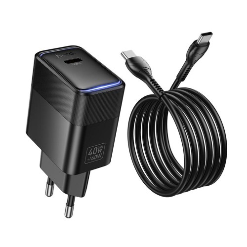 Адаптер мережевий HOCO C to C cable Lounge single port PD40W charger set CS113A |1C, PD/QC, 45W/3A| black