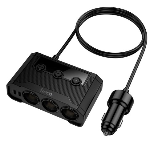 Адаптер автомобільний HOCO Anshun digital display 3-in-1 cigarette lighter car charger Z64 |2USB/2Type-C, 15W USB+240W DC| black