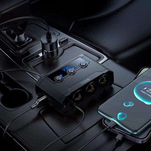 Адаптер автомобільний HOCO Anshun digital display 3-in-1 cigarette lighter car charger Z64 |2USB/2Type-C, 15W USB+240W DC| black
