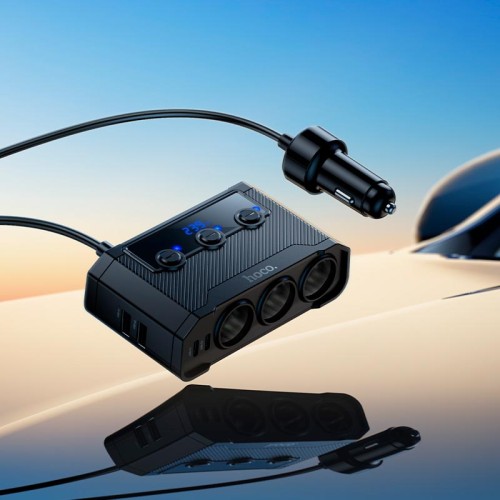 Адаптер автомобільний HOCO Anshun digital display 3-in-1 cigarette lighter car charger Z64 |2USB/2Type-C, 15W USB+240W DC| black