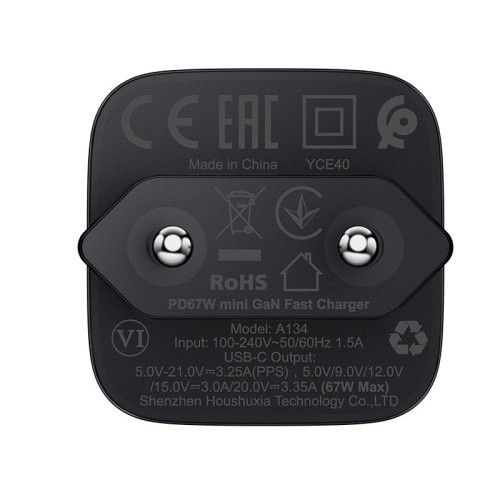 Адаптер мережевий ACEFAST PD mini GaN USB-C fast charger A134 |1USB-C, 67W/3A| black