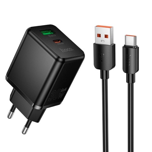 Адаптер мережевий HOCO Type-C cable set Smart PD multi-protocol charger C157A |1USB/1Type-C, 30W/3A, PD/QC| black