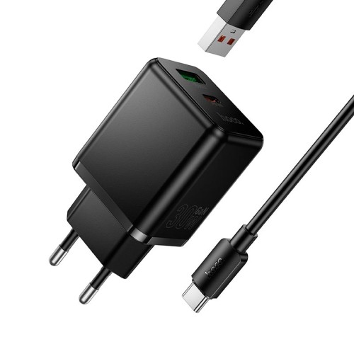 Адаптер мережевий HOCO Type-C cable set Smart PD multi-protocol charger C157A |1USB/1Type-C, 30W/3A, PD/QC| black