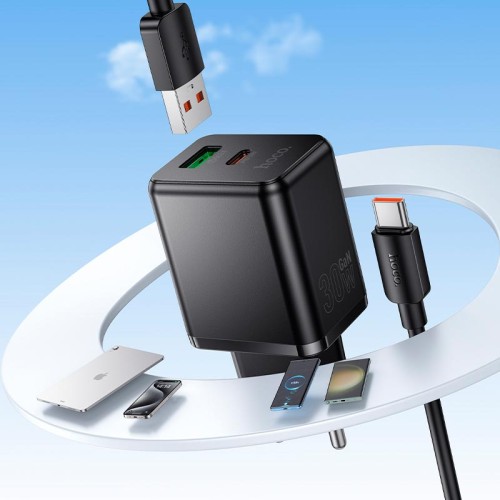 Адаптер мережевий HOCO Type-C cable set Smart PD multi-protocol charger C157A |1USB/1Type-C, 30W/3A, PD/QC| black