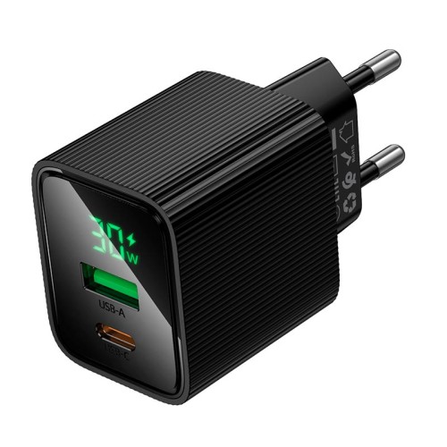 Адаптер мережевий Excellent charger with digital display CS84A |1USB/1Type-C, PD/QC, 30W/3A| black