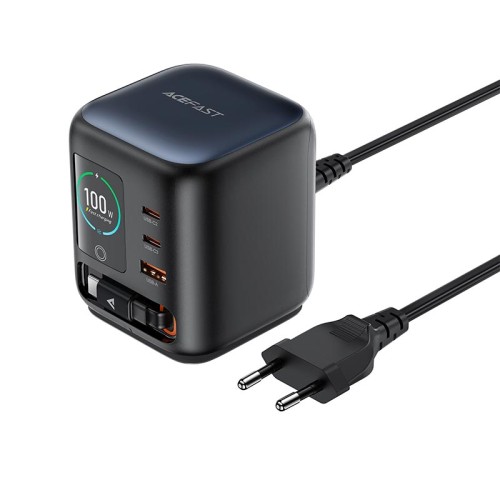 Адаптер мережевий ACEFAST GaN desktop charger with telescopic cable and smart TFT display Z10 |1USB/2Type-C,100W/3A,  PD/QC| black