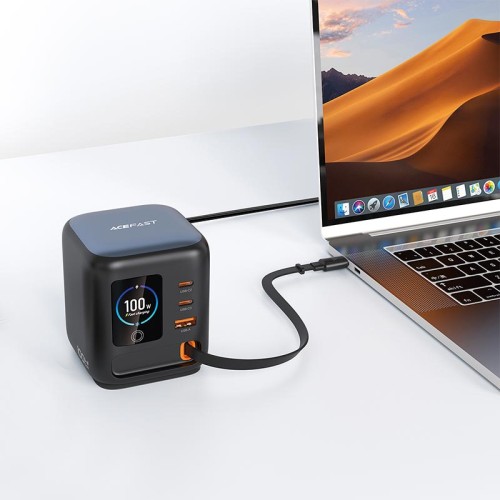 Адаптер мережевий ACEFAST GaN desktop charger with telescopic cable and smart TFT display Z10 |1USB/2Type-C,100W/3A,  PD/QC| black