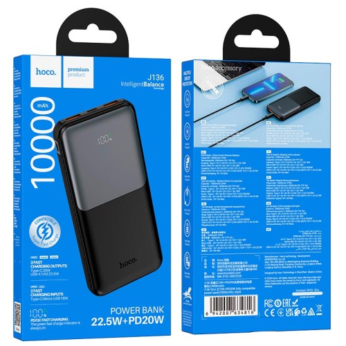 УМБ HOCO Sirui fully compatible power bank J136 10000mAh |1USB/1Type-C, 22.5W/3A, PD/QC| black