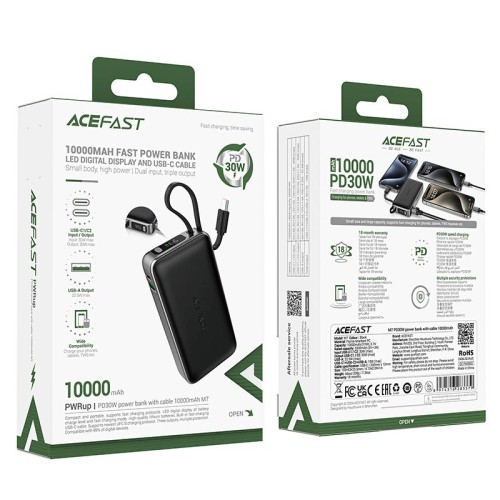 УМБ ACEFAST PD power bank with cable M7 10000mAh |1USB/1Type-C, 30W/3A, PD/QC| black