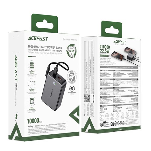 УМБ Acefast fast charging power bank with cable M28 10000mAh |1USB/2Type-C, 22.5W/3A, PD/QC| black