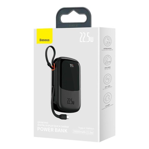 УМБ BASEUS Qpow Pro Digital Display Fast Charge Power Bank (With Type-C Cable) 20000mAh |USB/Type-C/Lightning, 22.5W/5A, PD/QC| black