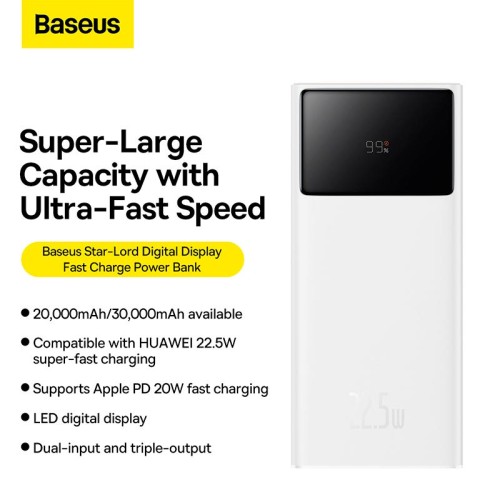 УМБ Baseus Star-Lord Digital Display Fast Charge Power Bank 30000mAh |2USB/1Type-C, 22.5W/3A, PD/QC| white