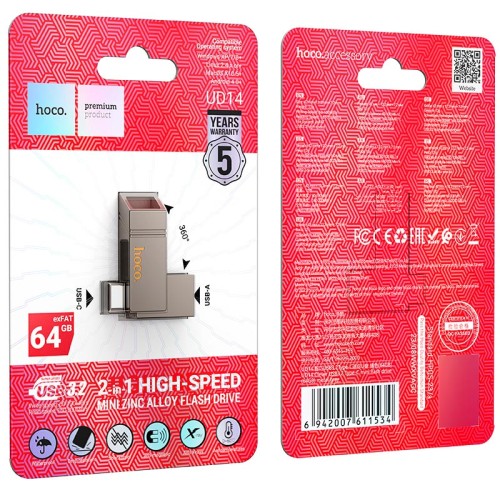 HOCO Clever USB3.2 Type-C mini flash drive (64GB) UD14 |exFAT| grey