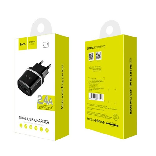 Адаптер мережевий Hoco C12 |2USB, 2.4А| black
