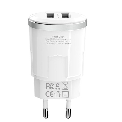 Адаптер мережевий Hoco Thunder C38A |2USB, 2.4A| white