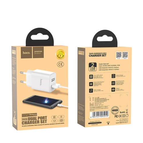 Адаптер мережевий Hoco Micro cable Victoria C62A |2USB, 2.1А| white