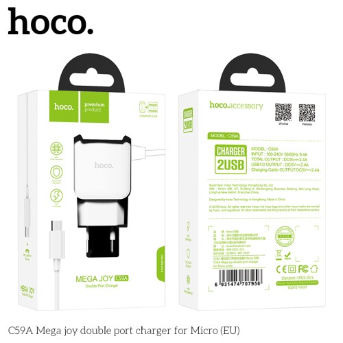 Адаптер мережевий HOCO Micro USB cable Mega Joy C59A  |2USB, 2.1A| white