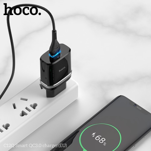 Адаптер мережевий HOCO Smart FCP/AFC C12Q |1USB, 3A, 18W, QC3.0| black