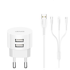 Адаптер мережевий USAMS Travel Charging Kit Sing-Tu T20 Dual USB Round Travel+U35 3IN1 cable |2USB, 2.1A| white