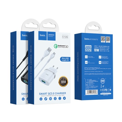 Адаптер мережевий HOCO Micro USB cable Smart FCP/AFC C12Q |1USB, 3A, 18W, QC3.0| white