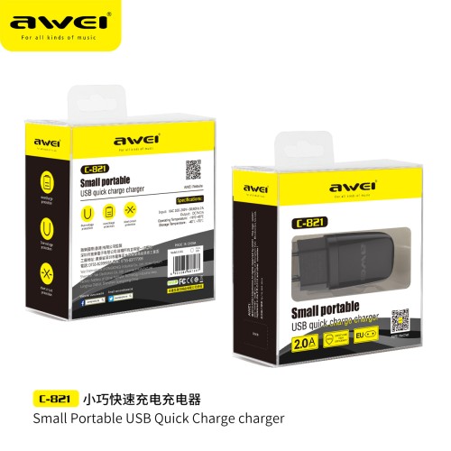 Адаптер мережевий AWEI Small Portable C-821 |1USB, 2A| black