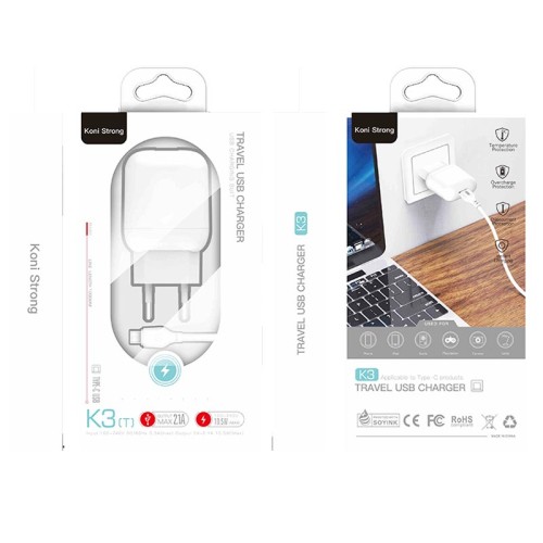 Адаптер мережевий KONI STRONG Type-C cable K3(T) |1USB, 2.1A, 10.5W| white