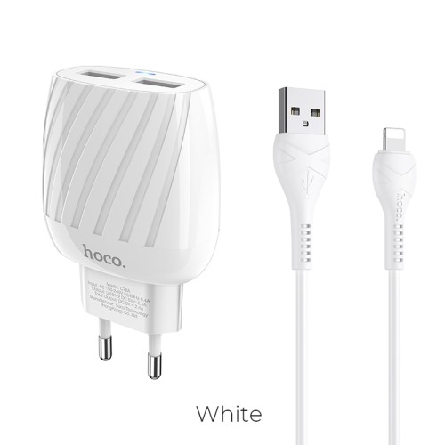 Адаптер мережевий HOCO Lightning Cable Max energy C78A |2USB, 2.4A| white
