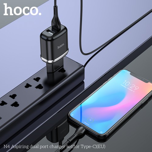 Адаптер мережевий HOCO Type-C cable Aspiring dual port charger set N4 |2USB, 2.4A| (Safety Certified) white