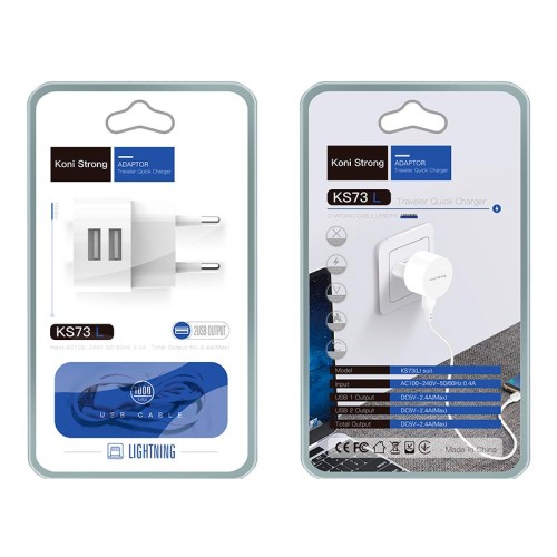 Адаптер мережевий KONI Strong Lightning Cable KS73L |2USB, 2.4A| white