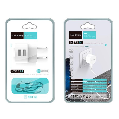 Адаптер мережевий KONI Strong Micro USB cable  KS73M |2USB, 2.4A| white