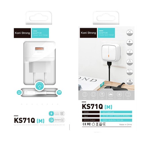 Адаптер мережевий KONI Strong Micro USB cable KS71Q(M) |1USB, 3A, QC| white