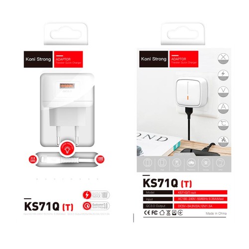 Адаптер мережевий KONI Strong Type-C cable KS71Q(T) |1USB, 3A, QC| white
