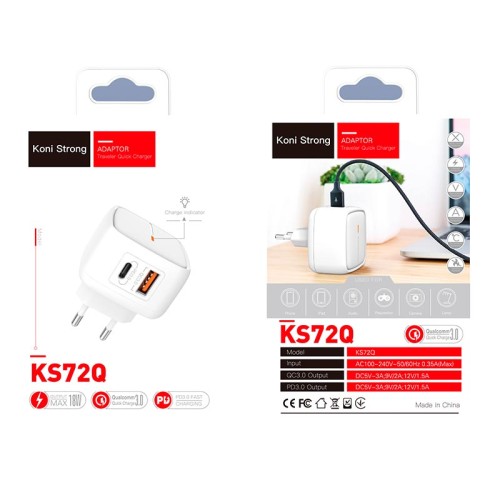 Адаптер мережевий KONI Strong KS72Q |1USB/1Type-C, 3A, QC/PD| white