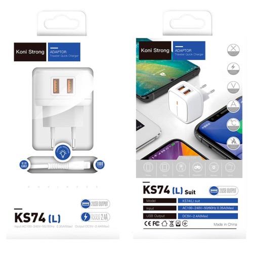 Адаптер мережевий KONI Strong Lightning Cable  KS74(L) |2USB, 2.4A| white