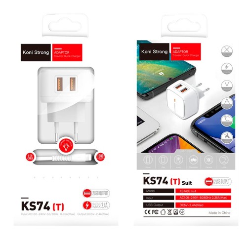 Адаптер мережевий KONI Strong Type-C Cable  KS74(T) |2USB, 2.4A| white