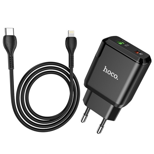 Адаптер мережевий HOCO Type-C to Lightning Cable Favor dual port N5 |1USB/1Type-C, PD20W/QC3.0, 3A| (Safety Certified) white