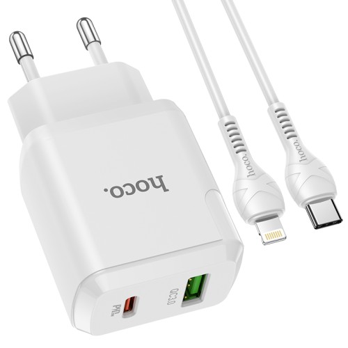 Адаптер мережевий HOCO Type-C to Lightning Cable Favor dual port N5 |1USB/1Type-C, PD20W/QC3.0, 3A| (Safety Certified) white