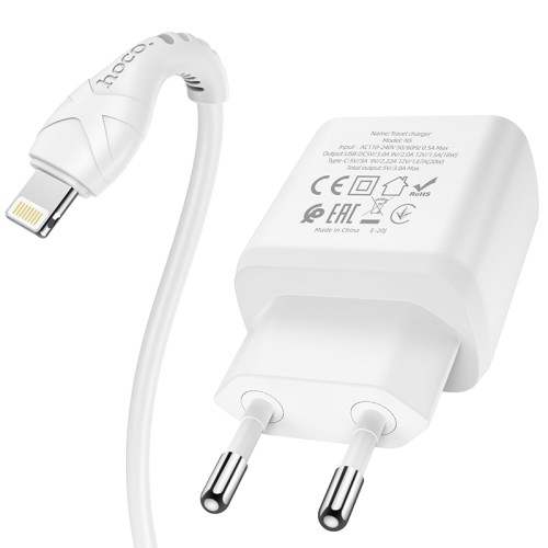 Адаптер мережевий HOCO Type-C to Lightning Cable Favor dual port N5 |1USB/1Type-C, PD20W/QC3.0, 3A| (Safety Certified) white