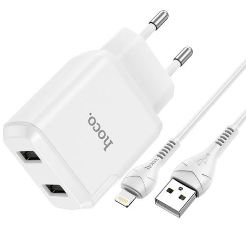 Адаптер мережевий HOCO Lightning cable Speedy dual port charger set N7 |2USB, 2.1A| (Safety Certified) white