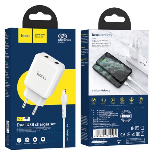 Адаптер мережевий HOCO Lightning cable Speedy dual port charger set N7 |2USB, 2.1A| (Safety Certified) white