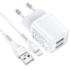 Адаптер мережевий HOCO Lightning Cable Briar dual port charger set N8 |2USB, 2.4A| (Safety Certified) white