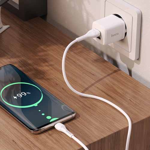 Адаптер мережевий HOCO Type-C Cable Briar dual port charger set N8 |2USB, 2.4A| (Safety Certified) white