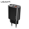 Адаптер мережевий USAMS T35 Fast Charger US-CC121 |1USB/1Type-C, 20W, PD3.0/QC| black